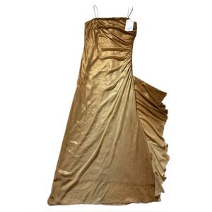 NEW Niki Livas 90s Shimmer Latte Bronze Ruched Spaghetti Strap Maxi Gown Dress L